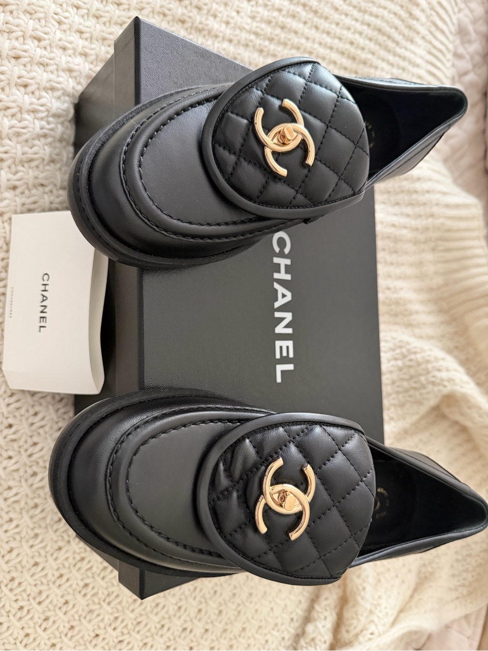 CHANEL Black Quilted Leather Loafers with Gold CC Hardware